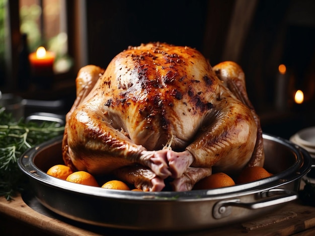 Stuffed turkey in a roasting pan ready for the oven