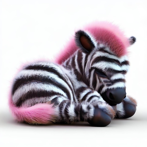 A stuffed zebra with pink hair is laying down.