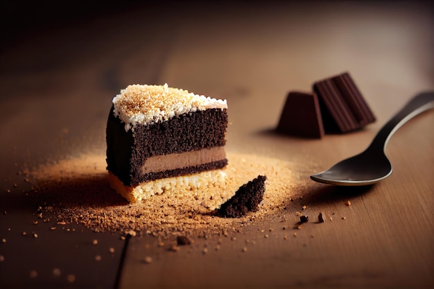 Stuk biscuit kruimels met klein stukje chocolade op houten tafel