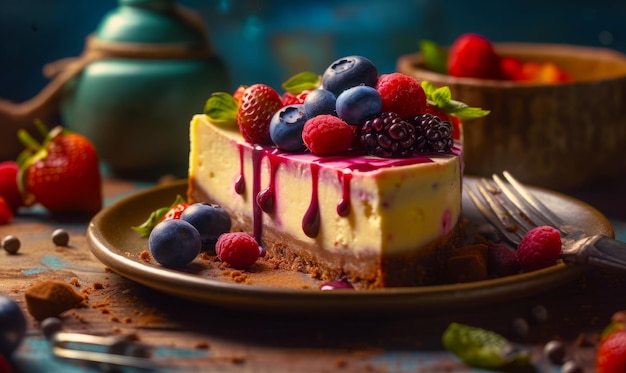 Stuk cheesecake met bessen en bosbessen op bord met vork Generatieve AI