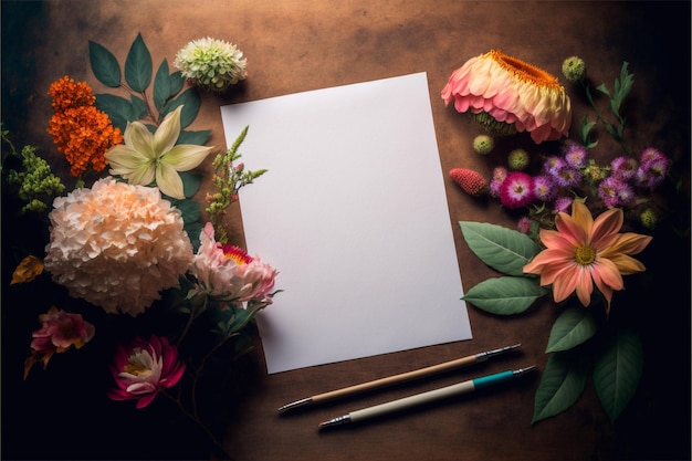 Stuk papier bovenop een tafel naast een bos bloemen generatieve ai