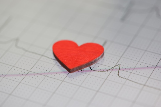 Foto stuk speelgoed rood hart die op papier met elektrocardiogramclose-up liggen