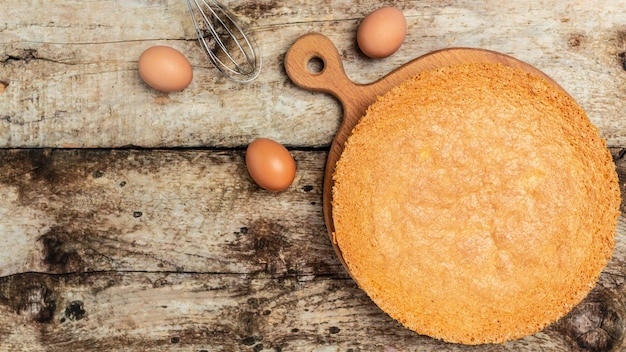 Stuk van heerlijke verse zelfgemaakte biscuit of chiffon cake op houten achtergrond bakkerij achtergrond concept banner menu recept plaats voor tekst bovenaanzicht