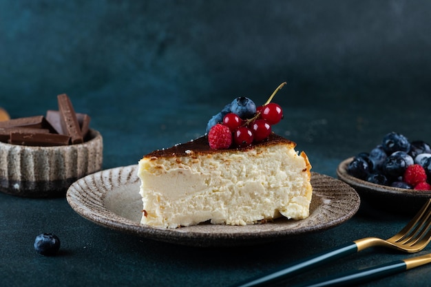 Stuk van san sebastian baskische cheesecake met bessen baskische cheesecake populair dessert verbrande cheesecake