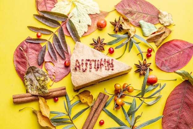 Stuk van smakelijke mousse cake met het woord herfst gelegd van gedroogde bessen