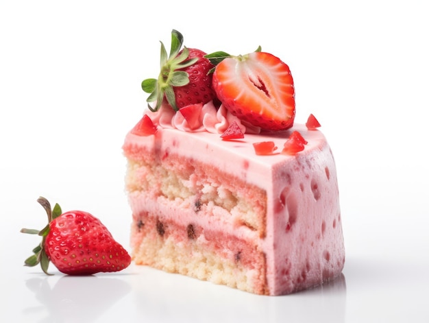 Stukje cake met roze glazuur en aardbeien generatieve ai
