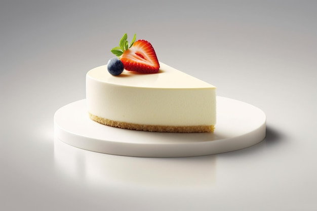 Stukje cheesecake met toppings van aardbeien en bosbessen geïsoleerd op een witte achtergrond