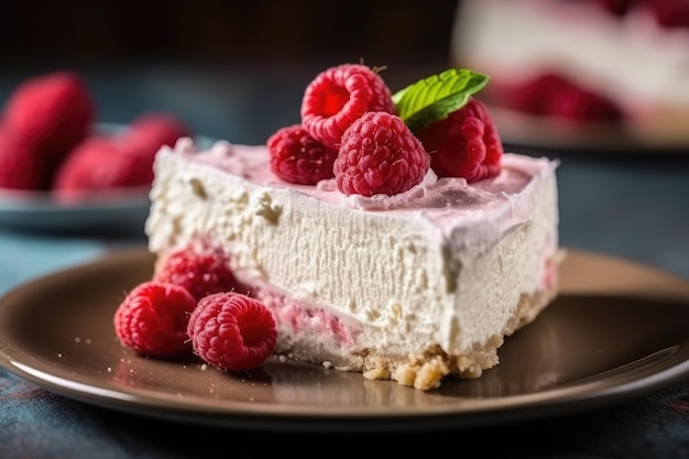 Stukje frambozen cheesecake op een plaat AI gegenereerd