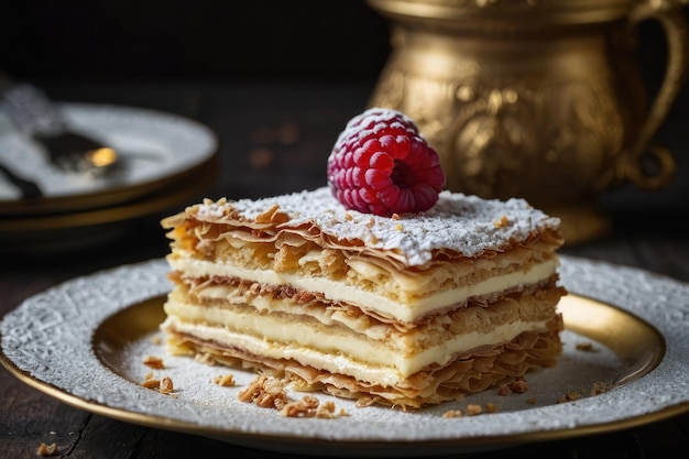 stukje heerlijke Napoleon taart geserveerd op de tafel dichtbij