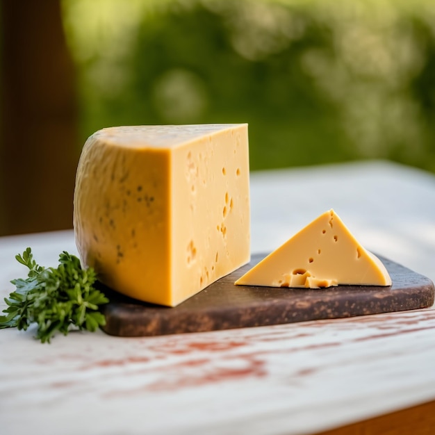 stukje kaas op hout en natuur achtergrond 3d render