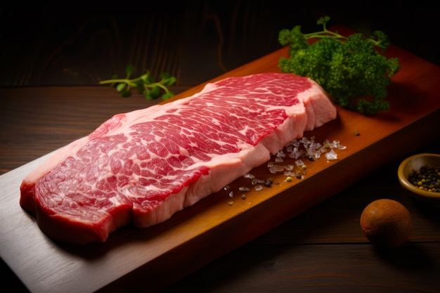 Stukje rauw vlees zittend op snijplank naast broccoli Generatieve AI