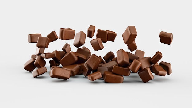 Stukjes chocolade geïsoleerd op witte achtergrond chocolade Brokken vallen 3d illustratie