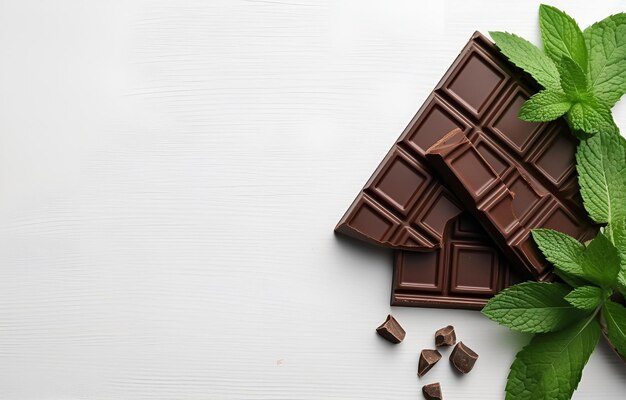 Stukjes donkere chocolade met munt op een witte houten tafel voor foo