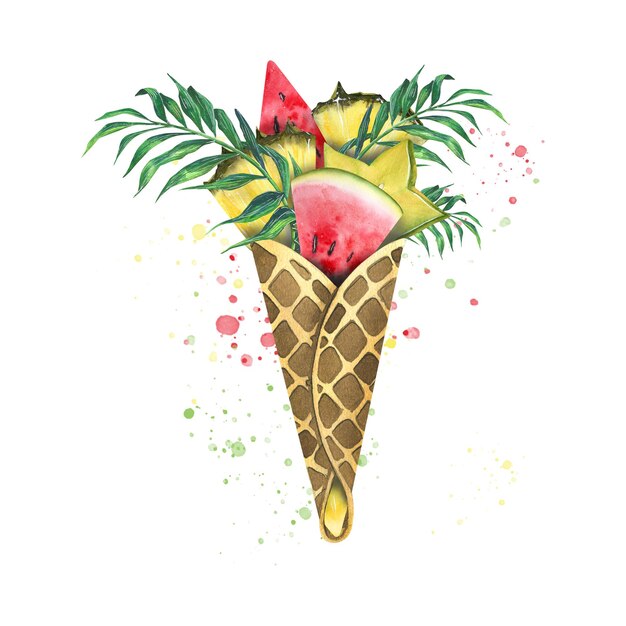 Stukjes watermeloen, ananas en carambola's met palmtakken in een wafelkegel met verfspatten Aquarel illustratie Samenstelling ontwerp en decoratie van ansichtkaarten posters menu's