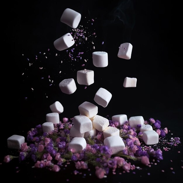 stukjes witte marshmallows vallen in de lucht en paarse violette bloemen op een zwarte achtergrond