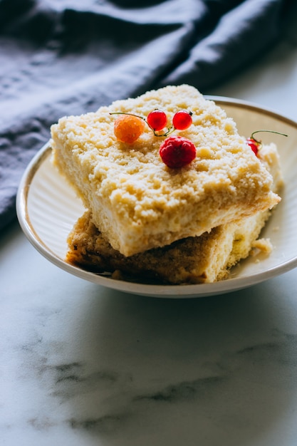 Stukken kwarktaart met een crumble versierd met frambozen en rode aalbessen