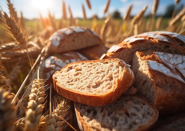 Stukken vers roggebrood op een rug op een roggenveldAI Generatief