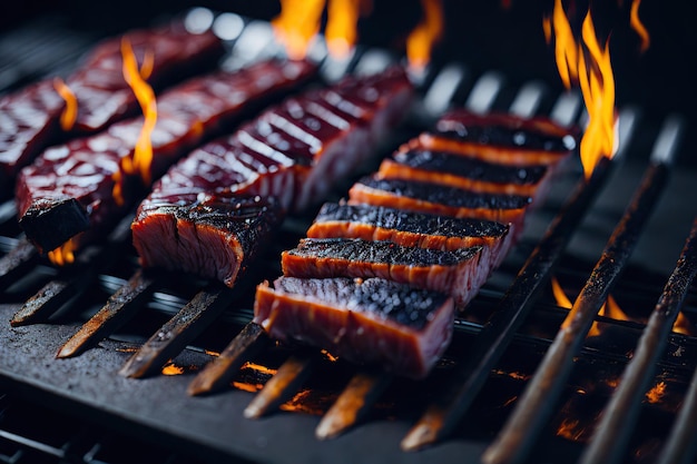 Stukken vlees op een grill met vuur geplaatst