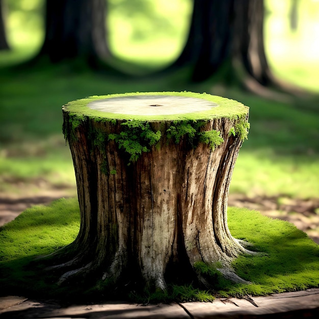 Stump of a felled pear tree in summer park on a green meadow