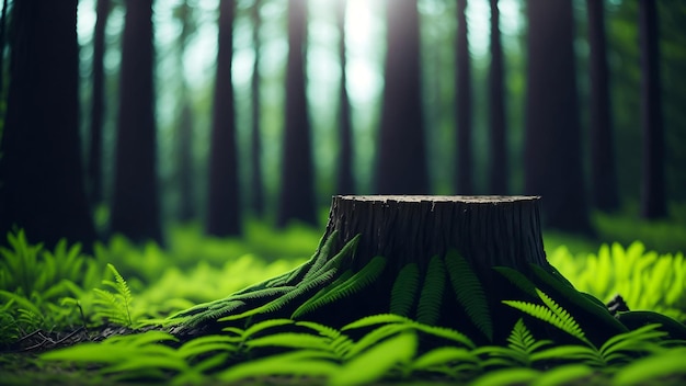 Stump in the forest Fern leaves Product display stand mockup