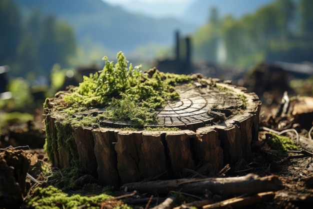 Stump from a tree on the edge with cut down trees The Global Problem of Deforestation