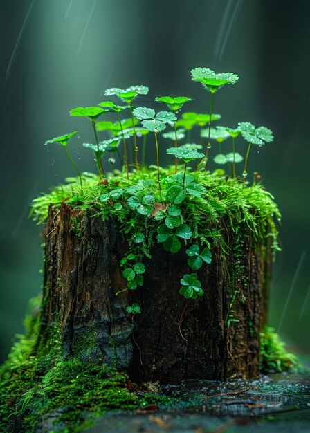 Photo stump with fresh green leaves in the forest a small piece of wood with moss growing on it