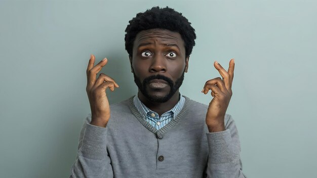 Photo stunned neurotic man has dark skin puzzled facial expression bites finger nails dressed in casua