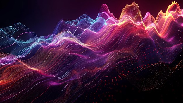 3D アニメーション 流動的な抽象的なグラフ 活発な色彩のスペクトルでピークと谷をフィーチャーし 暗い背景に 金融成長のエネルギーとダイナミックな動きを体現します