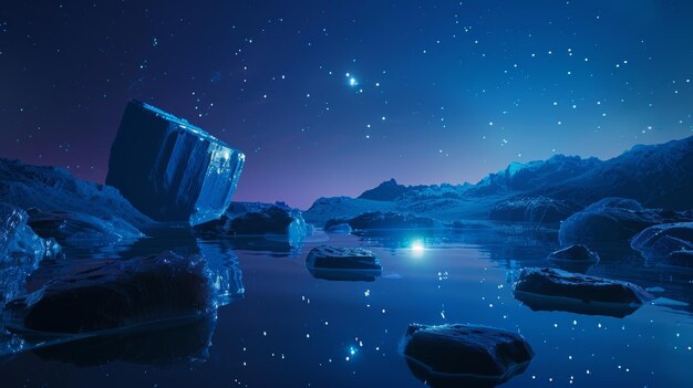 Stunning 3D background with glowing rocks and water under a starry sky Abstract background with landscape and square geometric shape