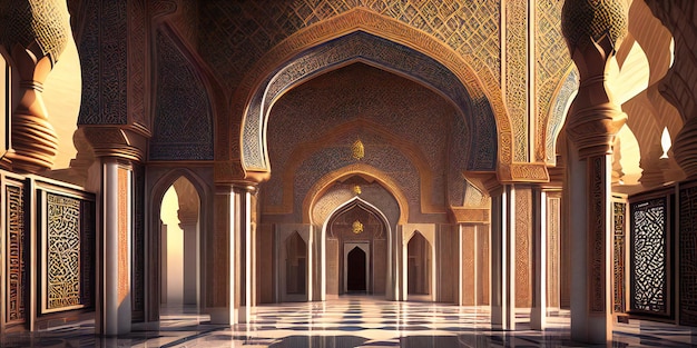 A stunning 3D illustration of a majestic mosque with an ornate gate at its center ai generated