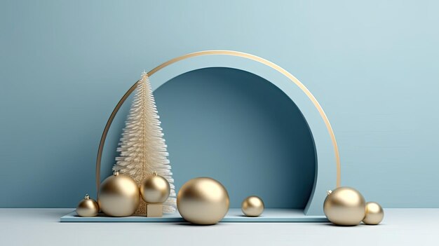 AI が生成したゴールド アーチ クリスマス ツリーの装飾が施された青い表彰台の見事な 3D レンダリング