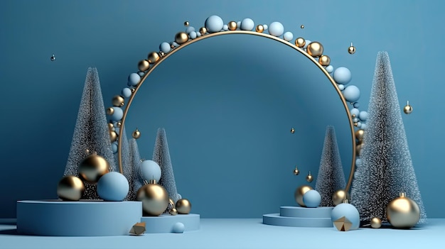 Stunning 3D Render of Blue Podium with Gold Arch Christmas Tree Decorations AI Generated