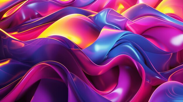 Stunning 3D render of wavy ribbons and lines with neon neon glow