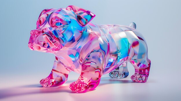 Photo a stunning 3d rendering of a crystal bulldog the bulldog is standing on a white surface and is illuminated by a soft light