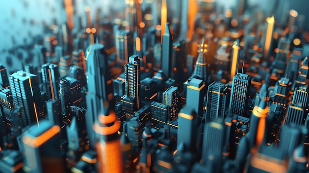 Photo a stunning 3d rendering of a futuristic city the towering skyscrapers are illuminated by a warm glow creating a sense of awe and wonder