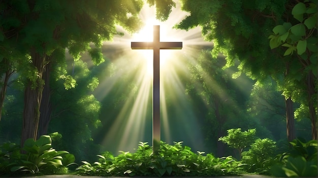 A stunning 3d rendering of a religious cross surrounded by lush green vegetation