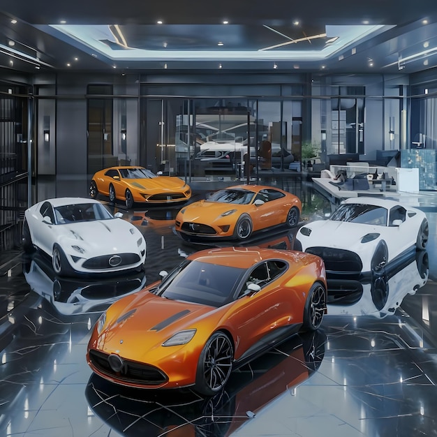 Stunning 3D rendering showing futuristic car showroom with sleek and modern design