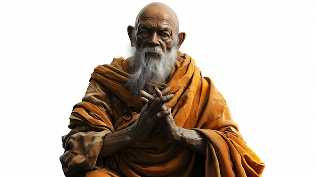 A stunning 3D rendering of a wise monk exuding tranquility and wisdom captured with exceptional detail Perfectly isolated on a clean white background this compelling artwork is ideal for