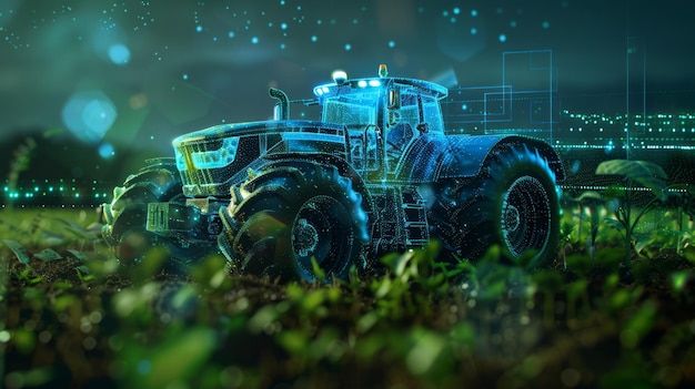 A stunning 3D visualization of Aldriven agriculture featuring a tractor with holographic interfaces and neon lighting illustrating cuttingedge farming technology