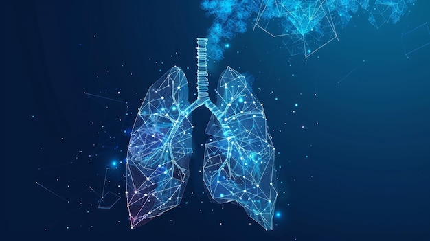 Stunning 3D visualization of human lungs in a low poly wireframe style glowing with a dynamic blue tone against a dark backdrop representing health biology and technology integration