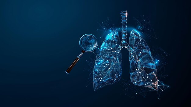 Stunning 3D visualization of human lungs in a low poly wireframe style glowing with a dynamic blue tone against a dark backdrop representing health biology and technology integration