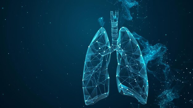 Фото Удивительная 3d-визуализация человеческих легких в стиле низкой полипроволочной рамки, светящейся динамическим синим тоном на темном фоне, представляющей интеграцию биологии здоровья и технологий