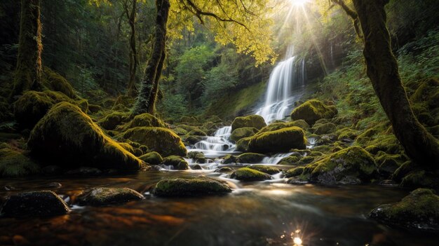 A stunning 3Drendered nature and landscape wallpaper featuring a waterfall cascading in a lush fore