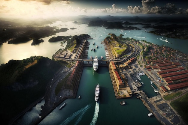 Stunning aerial image of the Miraflores Locks and the Panama Canal