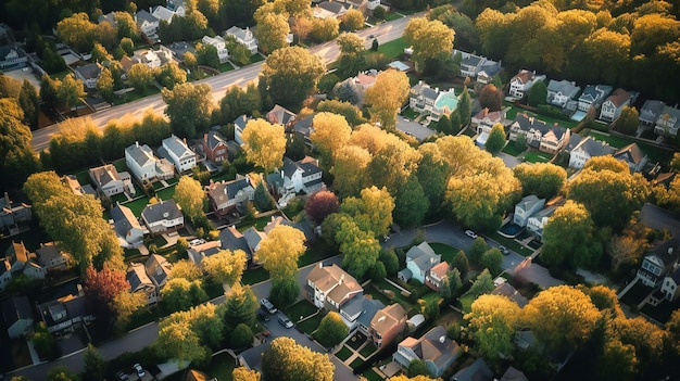 A stunning aerial image of a neighborhood revealing the tranquil sanctuary of suburban life