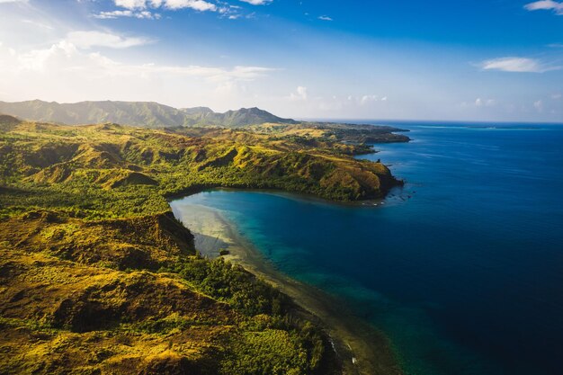 Stunning aerial view of a beach sunrise in Guam