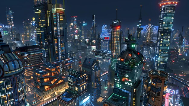 Photo a stunning aerial view of a futuristic city at night the city is full of towering skyscrapers bright lights and flying cars