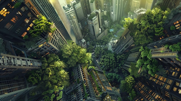 stunning aerial view of a futuristic green city with lush vegetation integrated into the skyscrapers showcasing urban sustainability