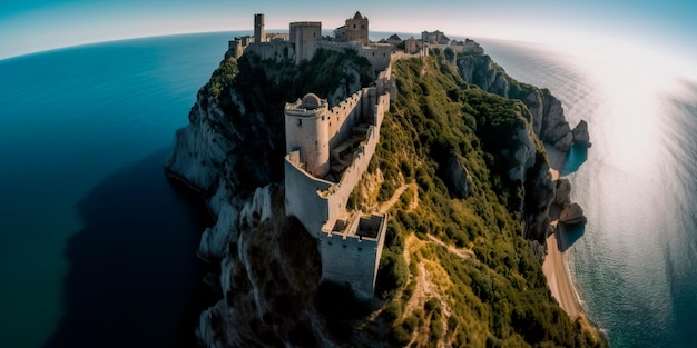 Stunning aerial view of a historic castle or fortress perched atop a rugged cliff and surrounded by stunning vistas Generative AI