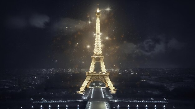 A stunning aerial view of the iconic Eiffel Tower illuminated at night